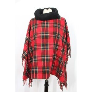 Talbots XS/S Red Plaid Wool Blend Fringe Blanket Cape Poncho Cowl Neck